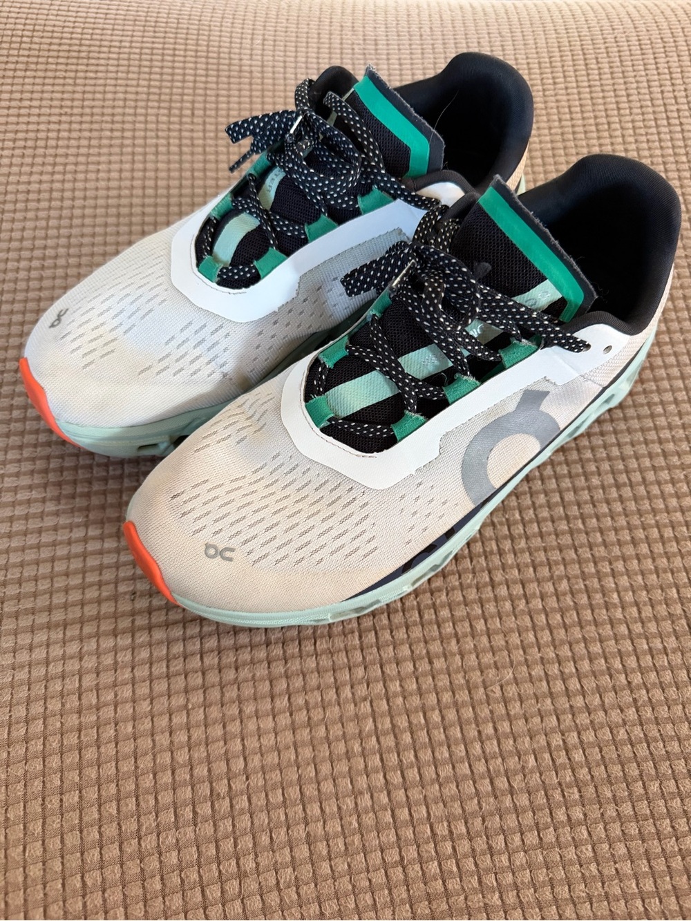 On Cloudmonster Women’s Running Shoes in White and Teal